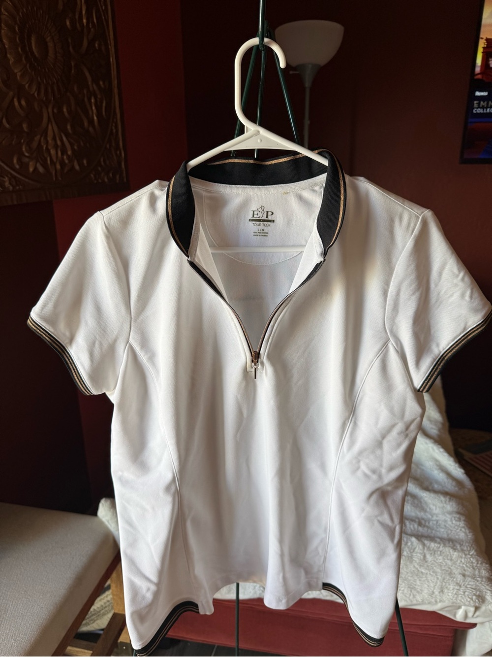 Eclipse Polo: White Short-Sleeve Zip Top with Black-Trim Collar